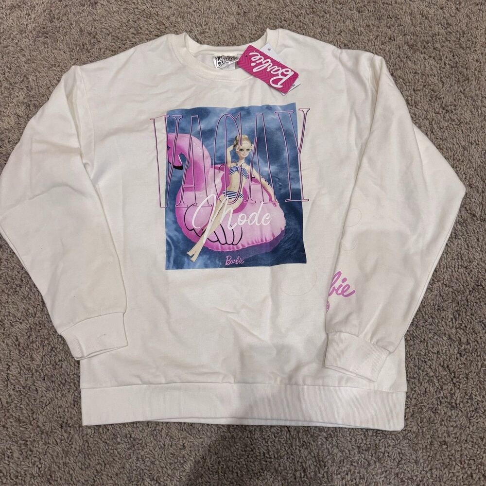 Barbie women size small sweatshirt NWT pool vacay flamingo